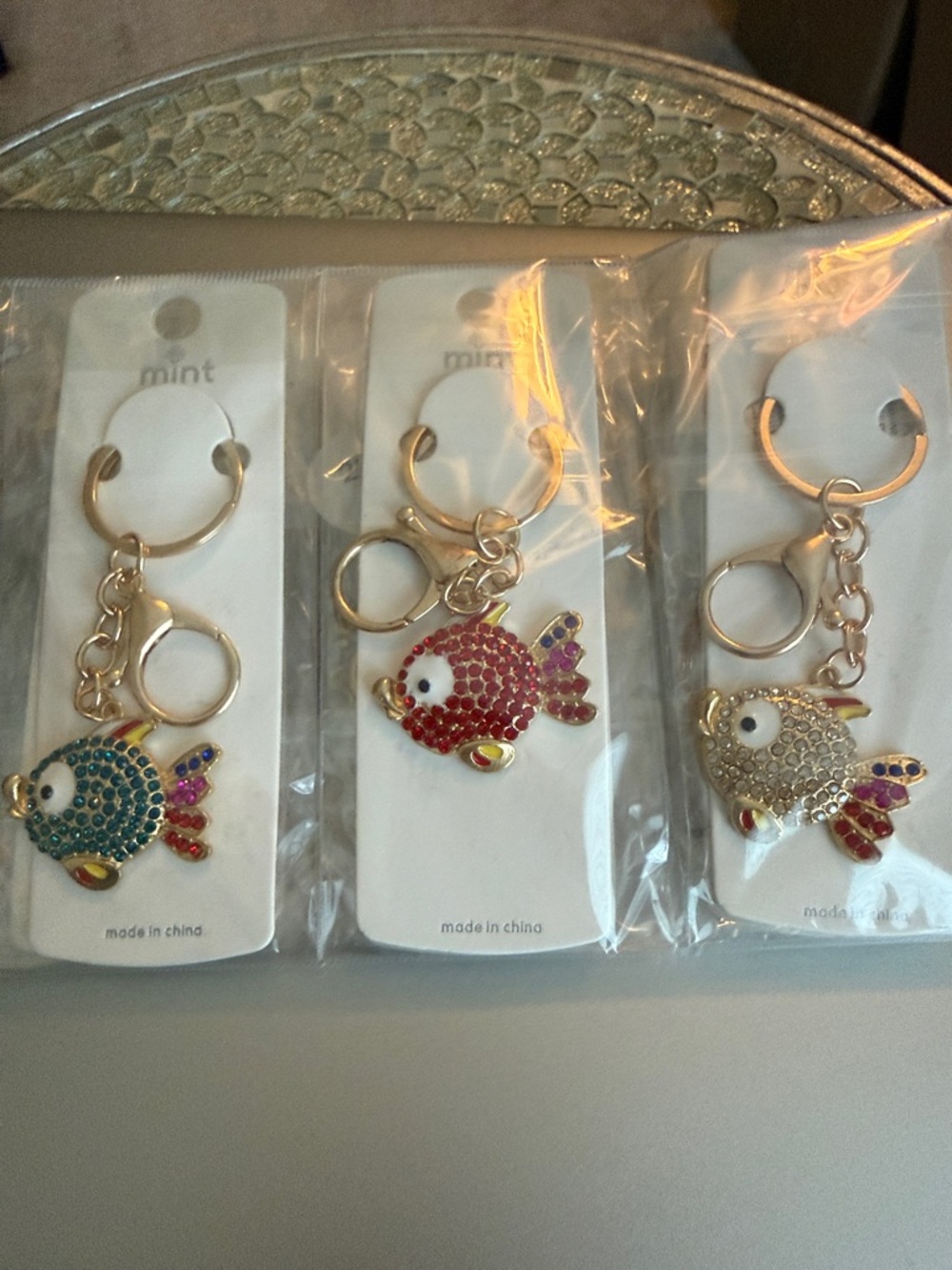 12 Pack Crystal Fish Keychains - Gold Tone with Colored Rhinestones